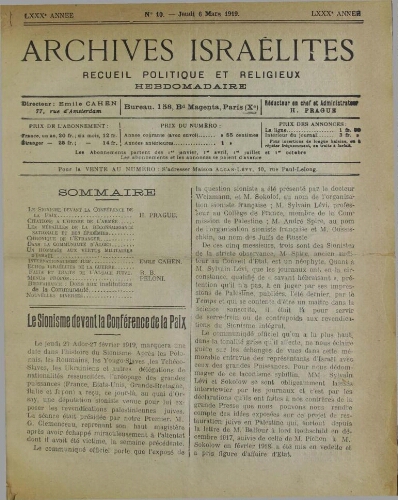 Archives israélites de France. Vol.80 N°10 (06 mars 1919)